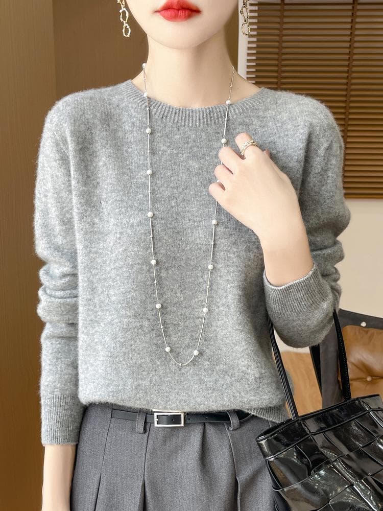 Women's 100% Pure Wool Loose Knitted Pullover Sweater for Autumn/Winter crew neck, XXL grey
