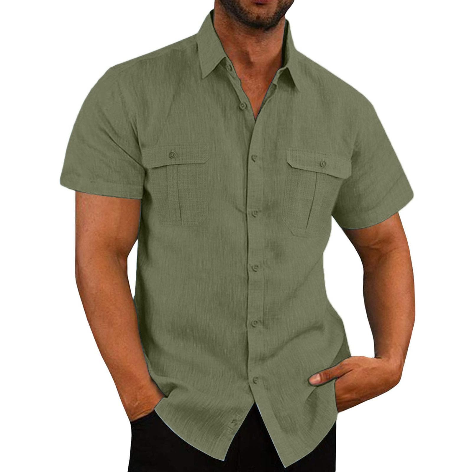 European and American Men's Shirt, Double Pocket Cotton Linen Short Sleeved Shirt, Casual Vacation Shirt 2XL green