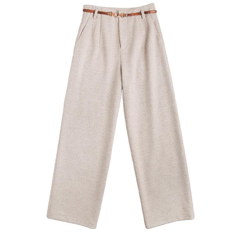 Herringbone Belt High Waist Straight Wide-leg Pants for Women XL