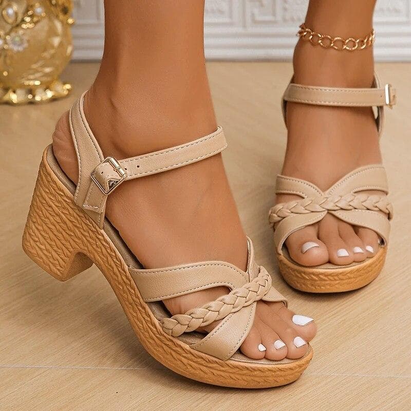 Lightweight High Heeled Sandals for Women 2024 Summer Ankle Buckle Female Gladiator Sandal Woven Platform Sandals Woman 38 camel