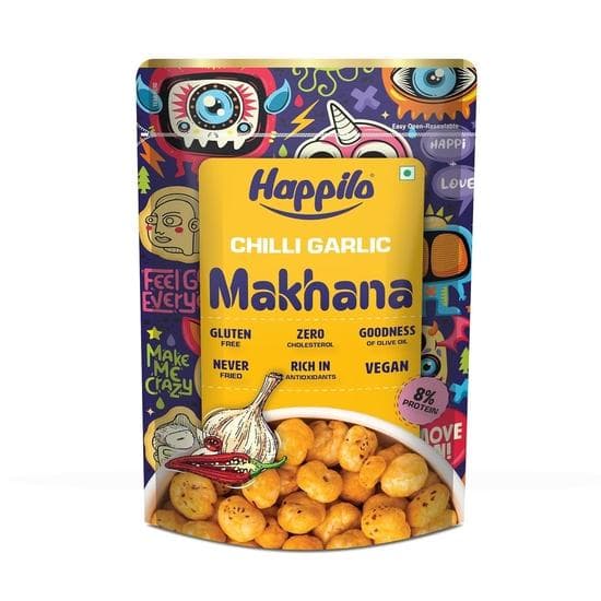 Happilo Premium Super Snack Makhana Chilli Garlic 60g, Roasted Foxnut Healthy Snack Low Calorie Gluten Free and Vegan