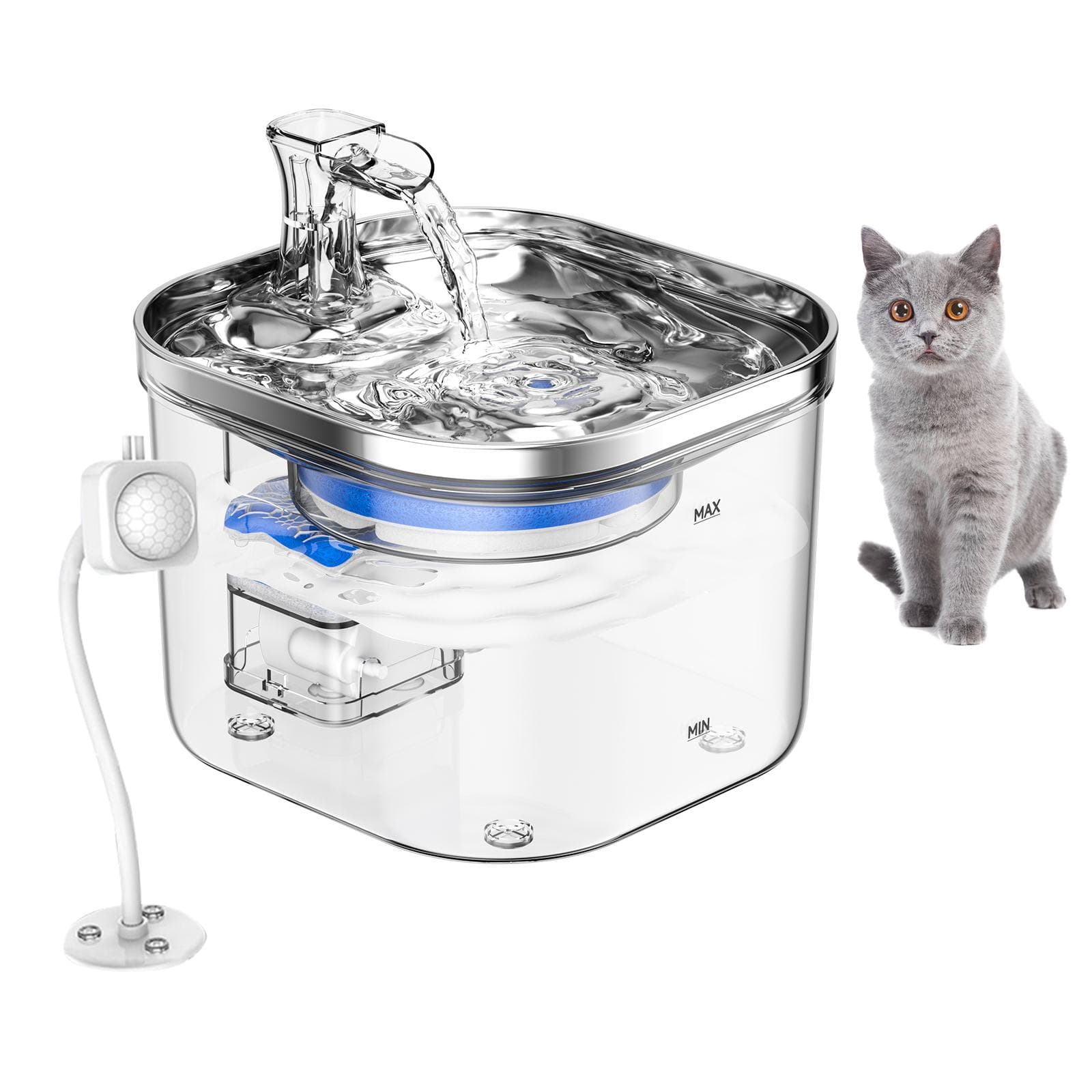 Cat Water Fountain with Intelligent Induction 2L/67oz Semi Stainless Steel Pet Drinking Fountain Automatic Water Dispenser with Silent Water Pump Intelligent transparent
