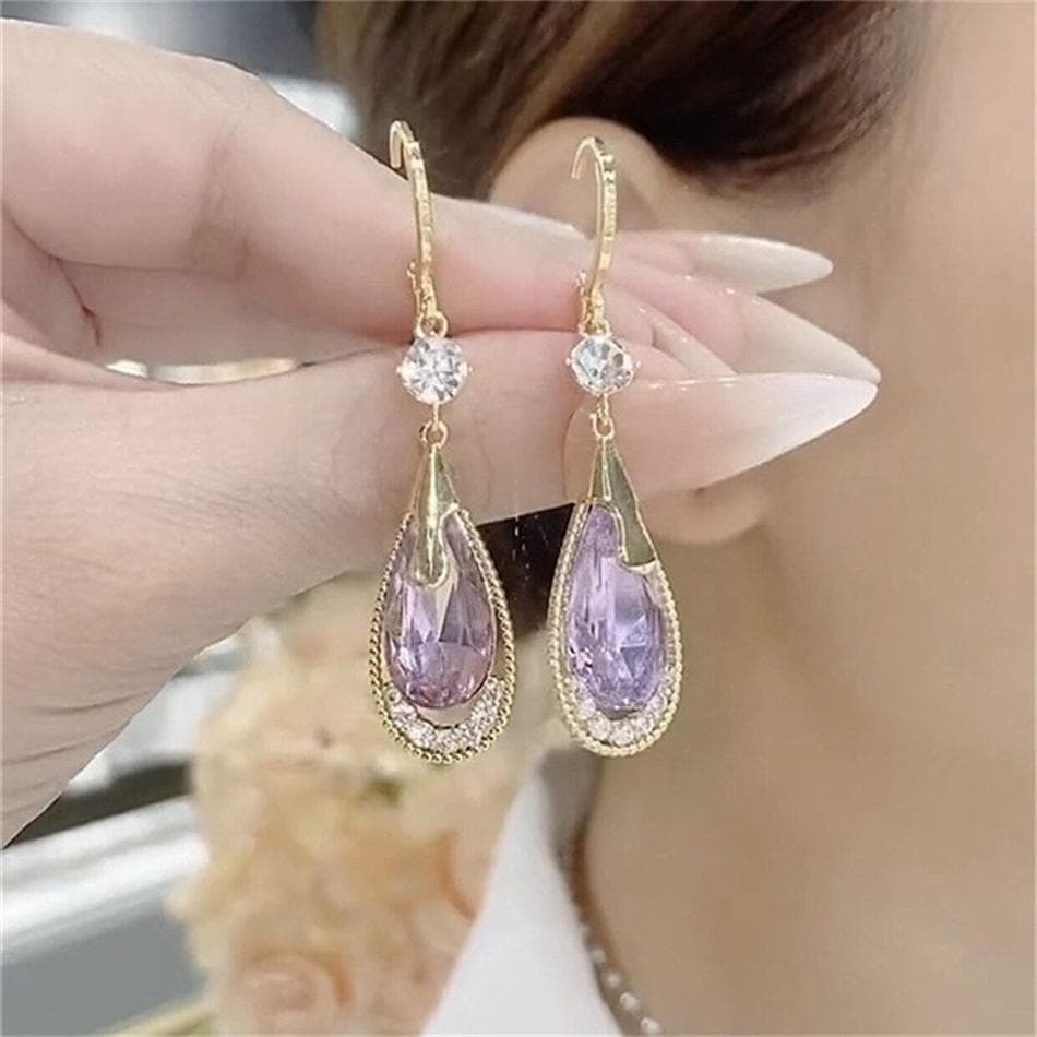 Green Color Zircon Crystal Long Tassel Water Drop Earrings for Women Temperament Korean Jewelry Pendientes Boucle d'oreille purple