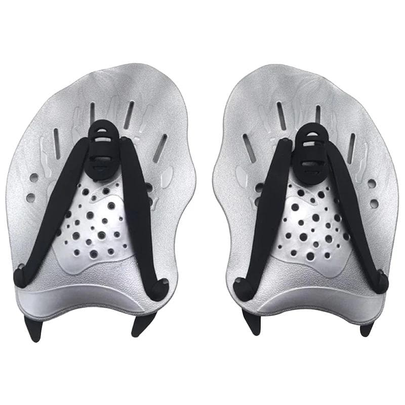 1 Pair Swimming Training Paddles Swim Hand Paddles Snorkeling Diving Gloves Fin Flipper Sports Silicone Palm Adjustable Straps silver