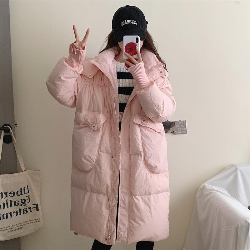 Medium and Long Over-knee Hooded Down Jacket Women's Korean Version Loose Warm Thickened Jacket M