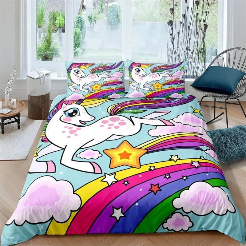 3D Printed Colorful Unicorn Bedding Set,Duvet Cover Comforter Bed Set Quilt Cover Pillowcase,King Queen Twin Size Boys Girls 135x200cm 2pcs