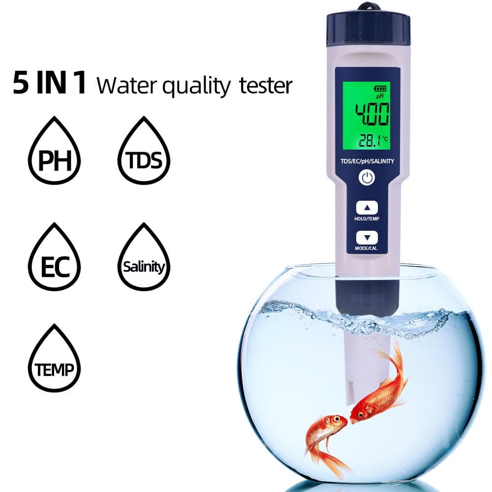5 in 1 Water Quality Tester Digital Meter Water Quality Analyzer Detector PH/ TDS/ EC/ Temperature/ white