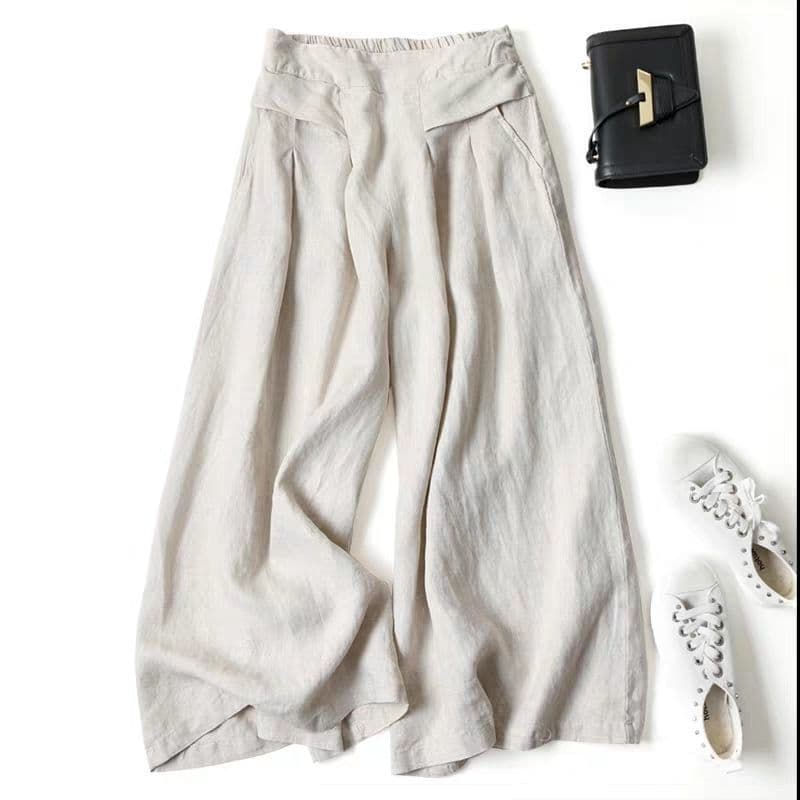 Women's Solid Color Linen Cotton Skirt Pants Loose Lengthened Wide-leg Pants Casual Pants Elastic Waist Trousers Women's Bottoms L beige