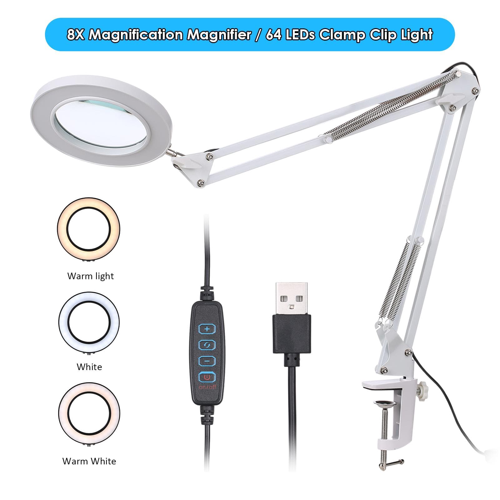 Magnifying Glass Magnifier with 64 LEDs Clamp Clip Light 8X Magnification 10 Levels Adjustable white