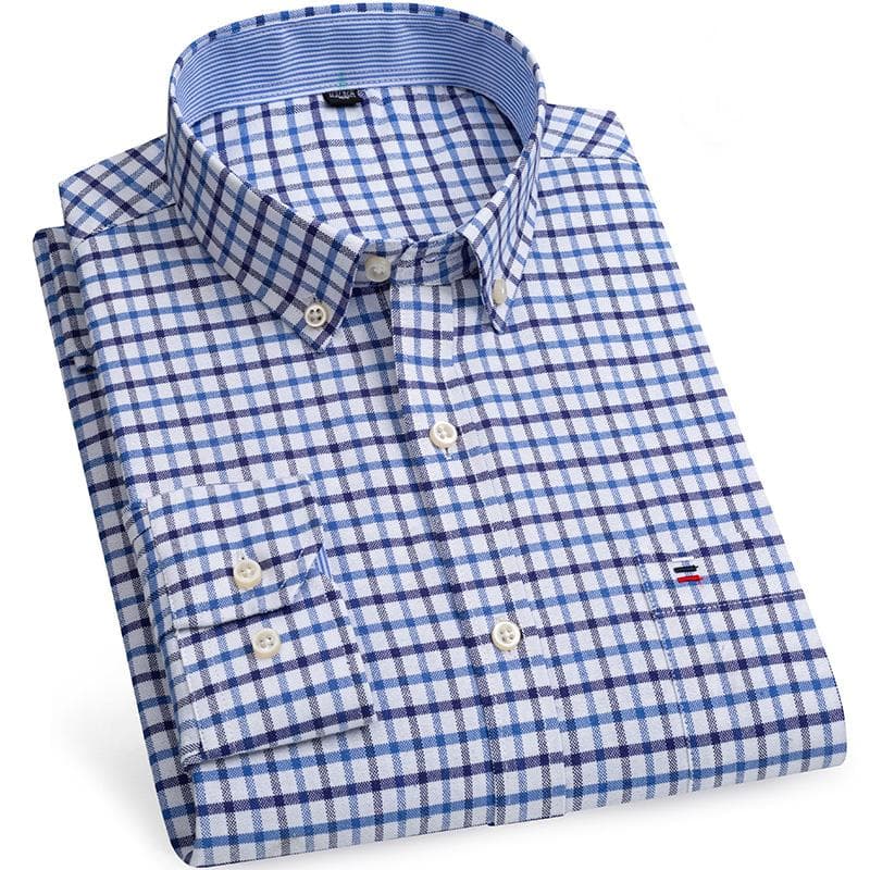 Cotton Oxford Shirt Plus Size S~7XL Casual Business Men Plaid Shirts Checkered Design Regular Fit Long Sleeve with Front Pocket Man's Blouses XXL