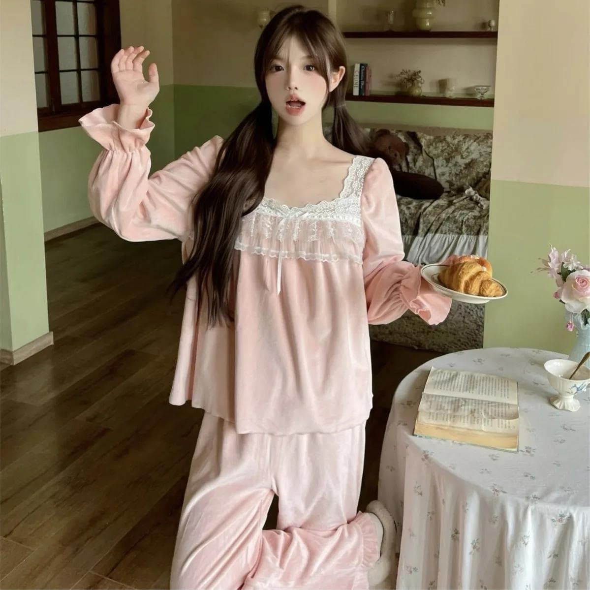 Women 2Pcs Pajamas Suit Island Velvet Top Pants Loose Outfit Winter Sleepwear Princess Style Nightwear Autumn Loungewear XL pink