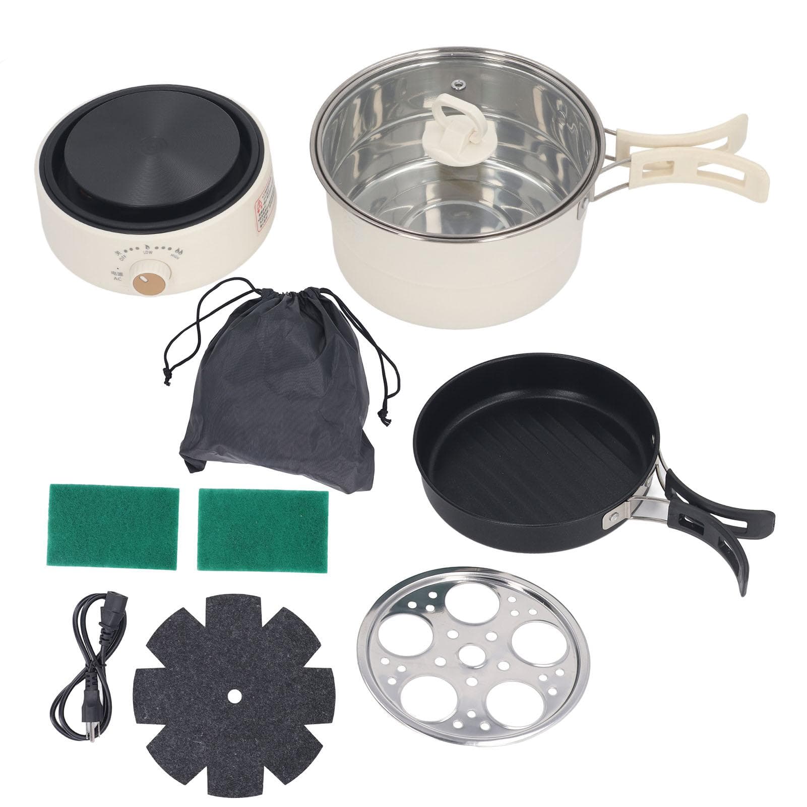 500W 1.6L Portable Electric Cooker with Foldable Handle Hot Pot for Camp Dorm Detachable Multi L beige