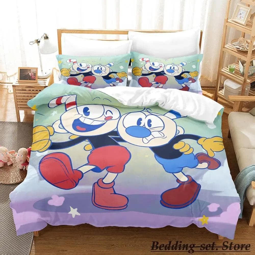 Game Cuphead Mugman Bedding Set Cartoon Anime three-piece set Adult Kid Bedroom Duvetcover Sets 3D Kawaii cama de casal AU Double 180x210cm