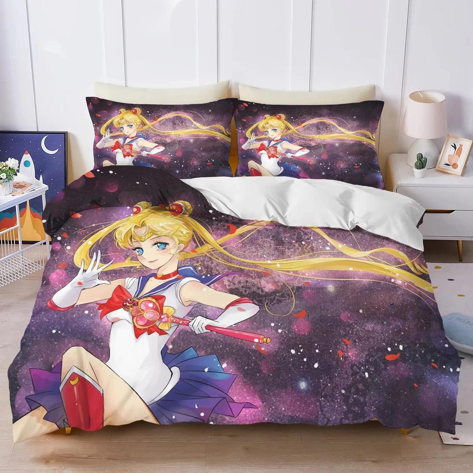 Anime S-Sailor & M-Moon Bedding Set,Duvet Cover Comforter Bed Set Quilt Cover Pillowcase,King Queen Twin Size Boys Girls Adults AU King 245x210cm