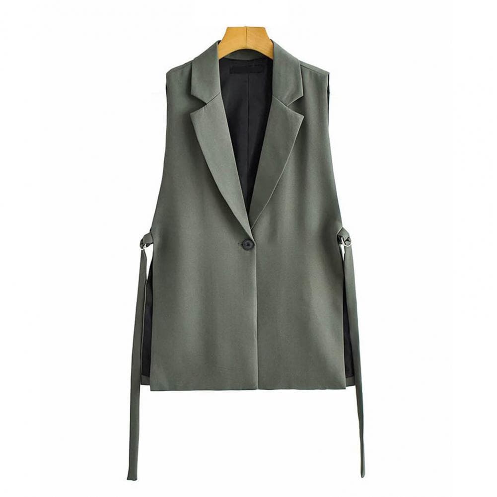 Women Vest Coat Turn-down Collar Sleeveless Loose Solid Color Single Button Cardigan Strap Decor Mid Length Commute Formal Suit S army green