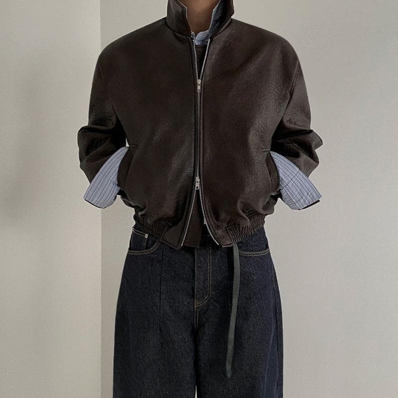 Retro Short Leather Jacket Men's Spring Loose Lapel Jacket Korean Style Trendy Distressed Leather Jacket M brown