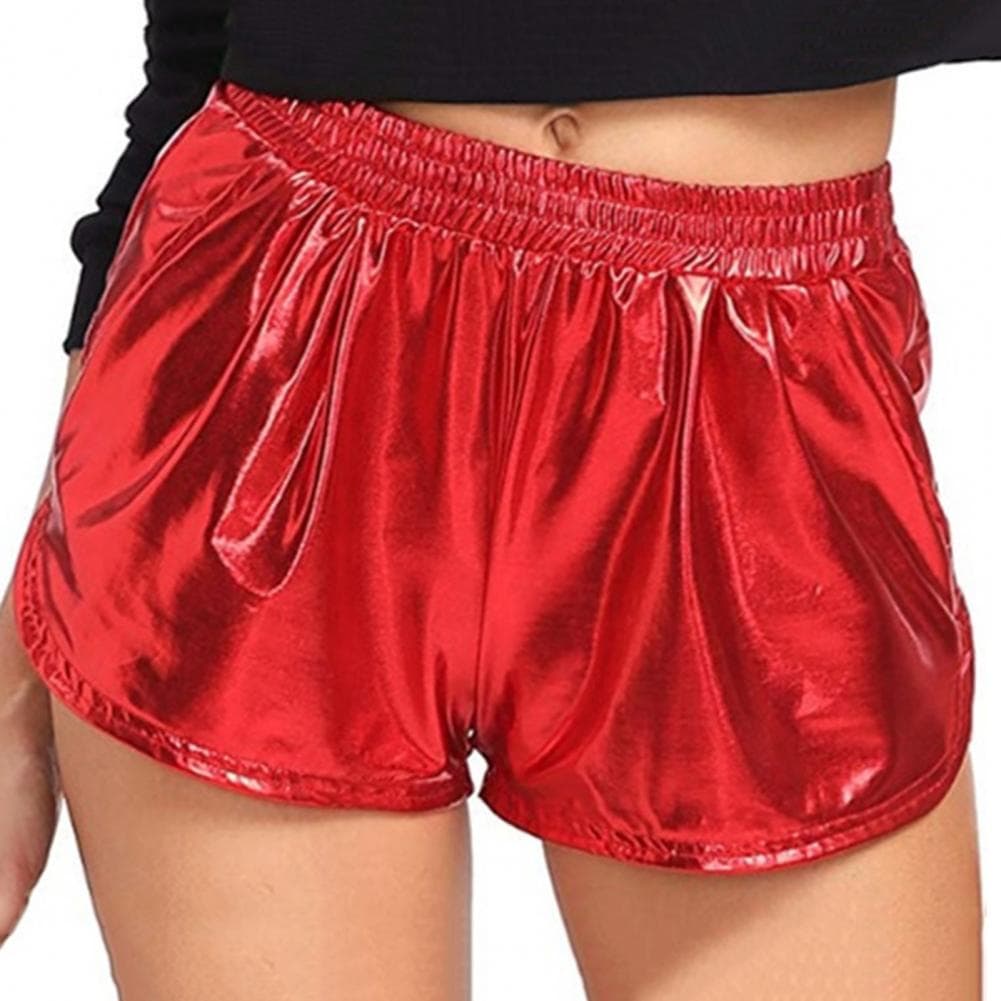 Women Casual Shorts Elastic High Waist Glossy Surface Solid Color Faux Leather Shorts with Pockets Streetwear XXL red