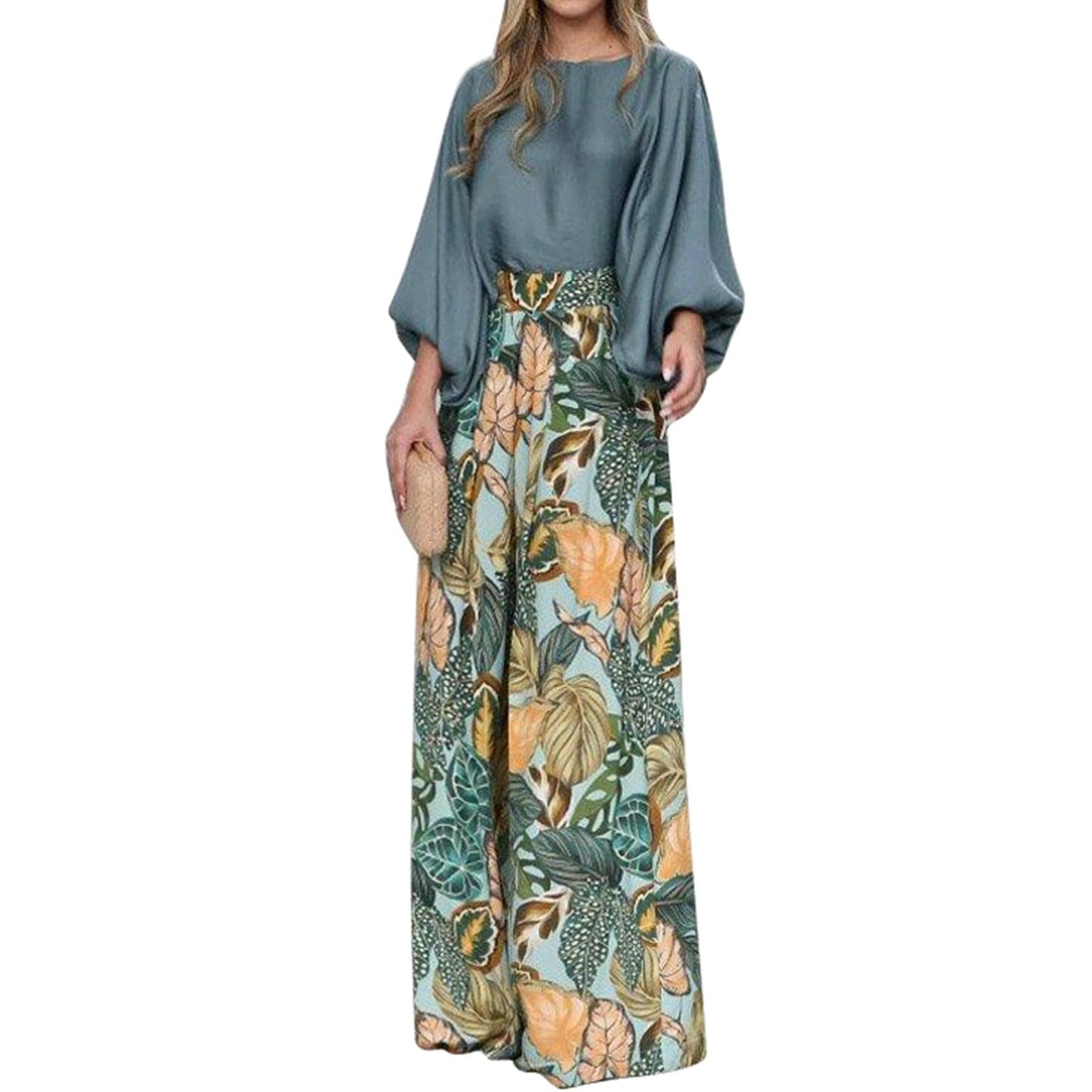 Women Casual 2 Piece Outfit Long Puff Sleeve Crewneck Top Blouse Floral Print Wide Leg Pants for XL green