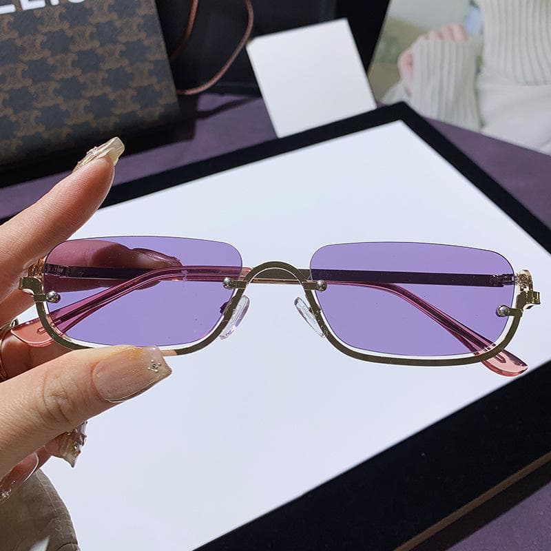 Vintage Rimless Rectangle Sunglasses Women Men UV400 Protection Square Metal Half Frameless Shades Coffee Brand