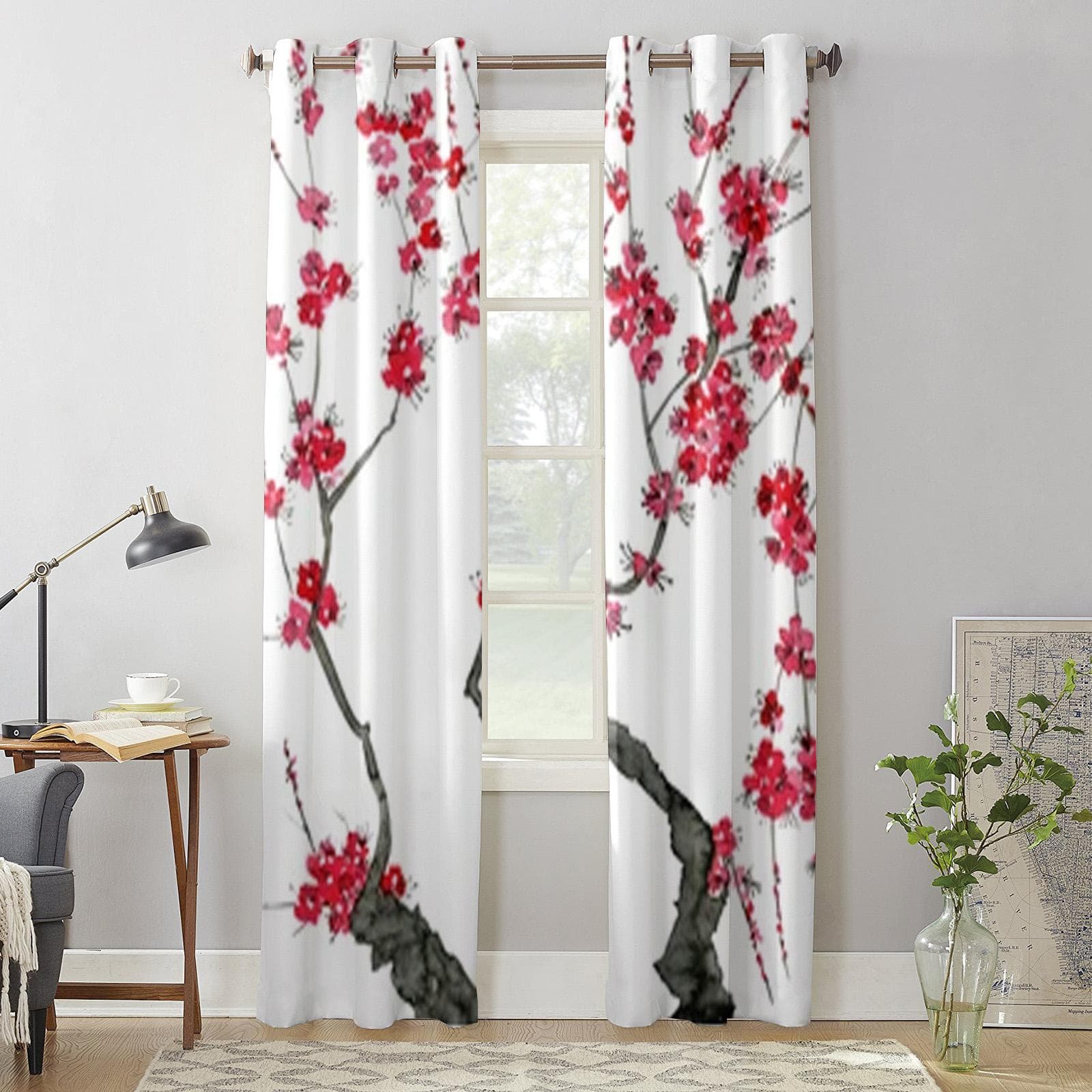 Sakura Branch Flower Window Curtains For Living Room Luxury Bedroom Decor Drapes Kitchen Window Treatments Curtains 135W x 60H(cm) x1