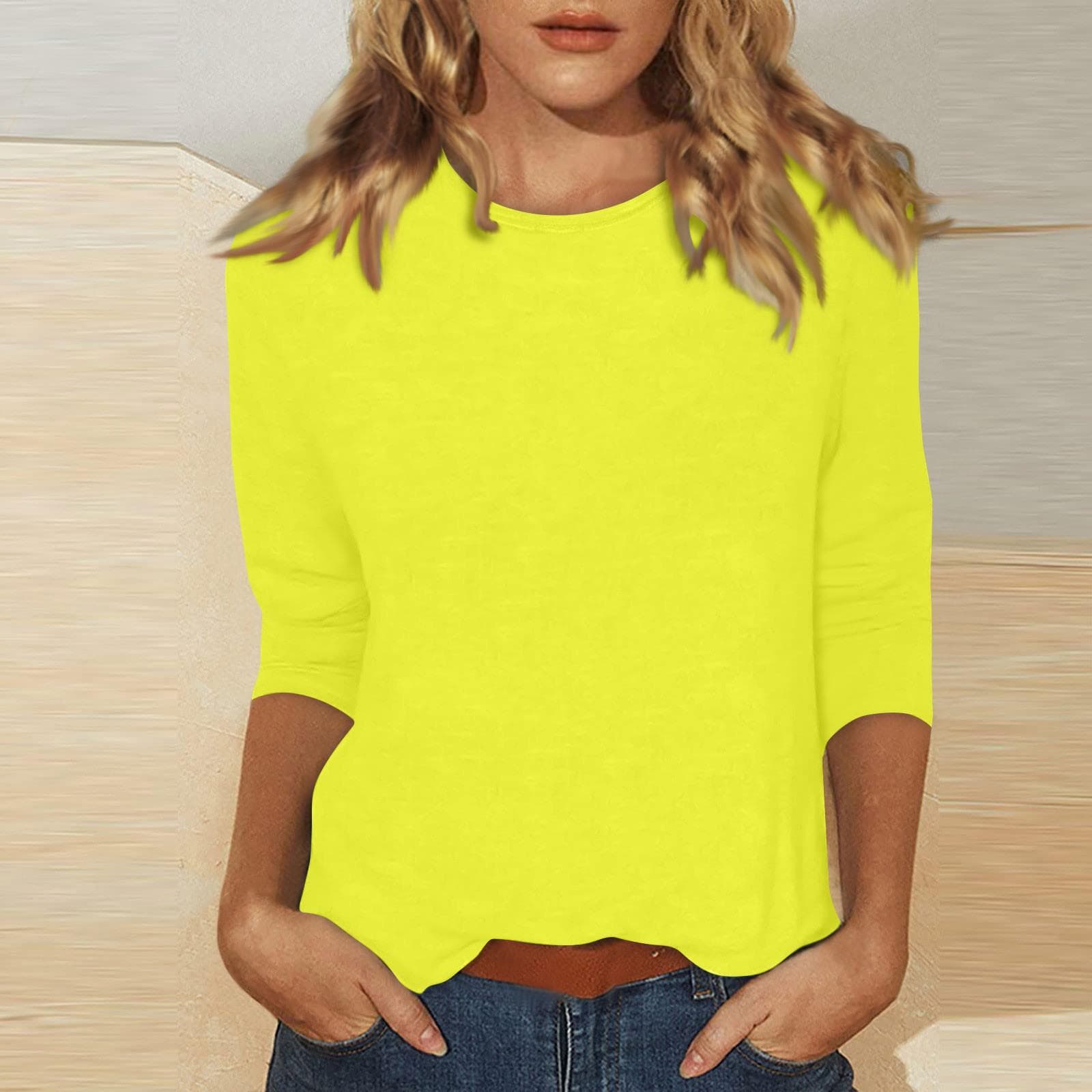Women's Casual O-Neck Three Quarter Sleeve Solid Color Top S yellow