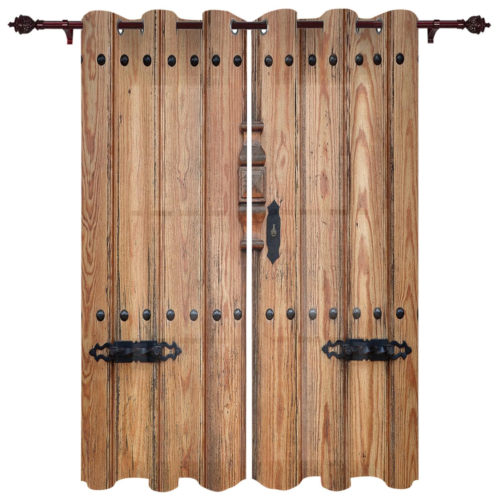 Wooden Door Retro Style Window Curtain Bedroom Living Room Window Drapes Kitchen Decoration Blinds Curtain 135W x 160H(cm) x2