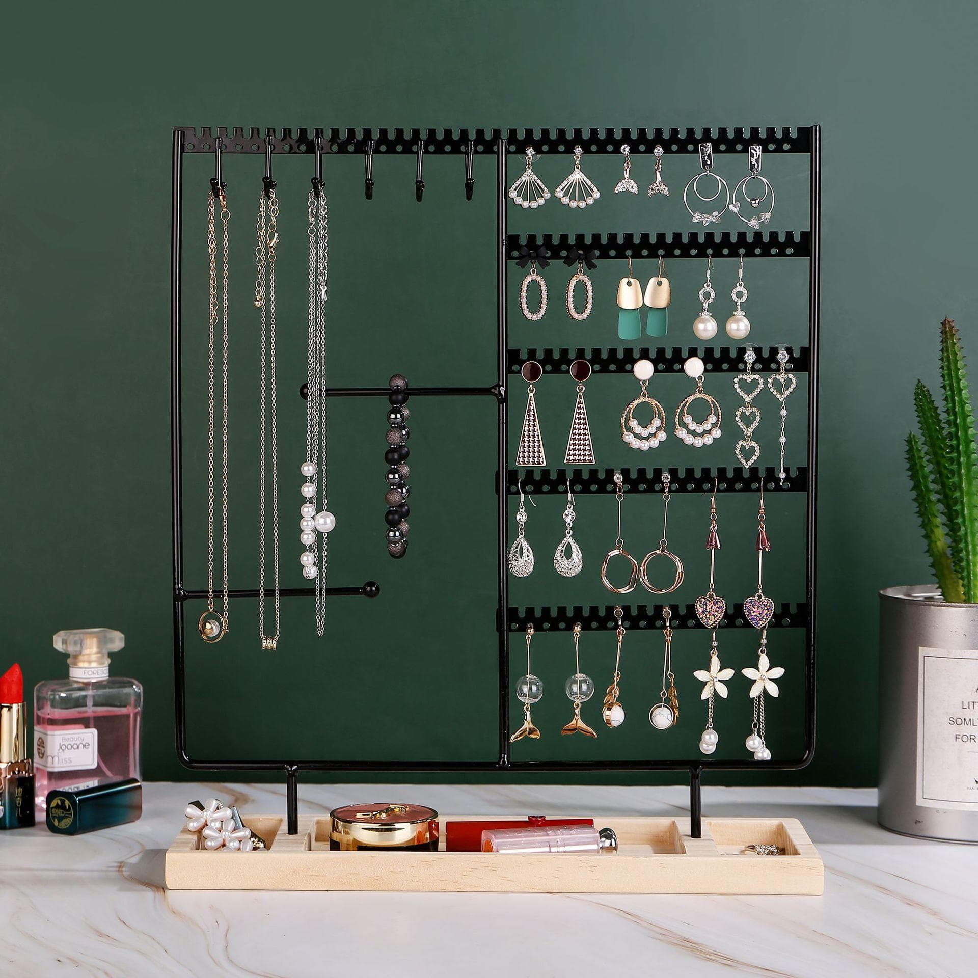 Multifunctional Earring Display Rack Necklace Ring Storage Rack Detachable Wooden Bottom Women Bracelet Watch Jewelry Rack black