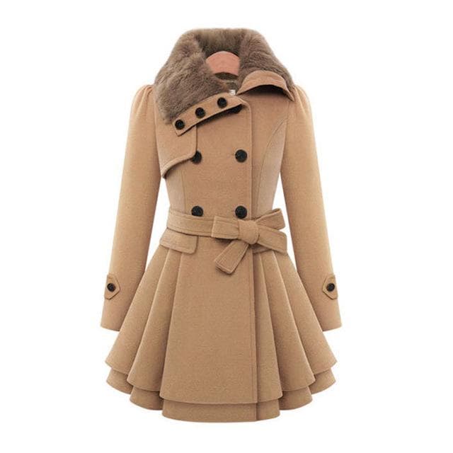 Women Vintage Woolen Coat Slim Trench Coats Lady Fur Collar Winter Woolen Coat Jackets Outwear M camel