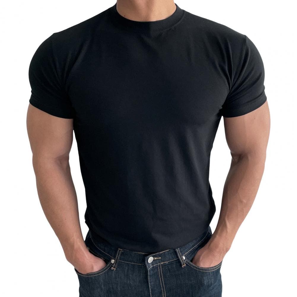 Summer Men Top Sweat Absorption Quick-drying Short Sleeves O Neck Slim Fit Solid Color Thin Breathable Elastic Casual Pullover D M black