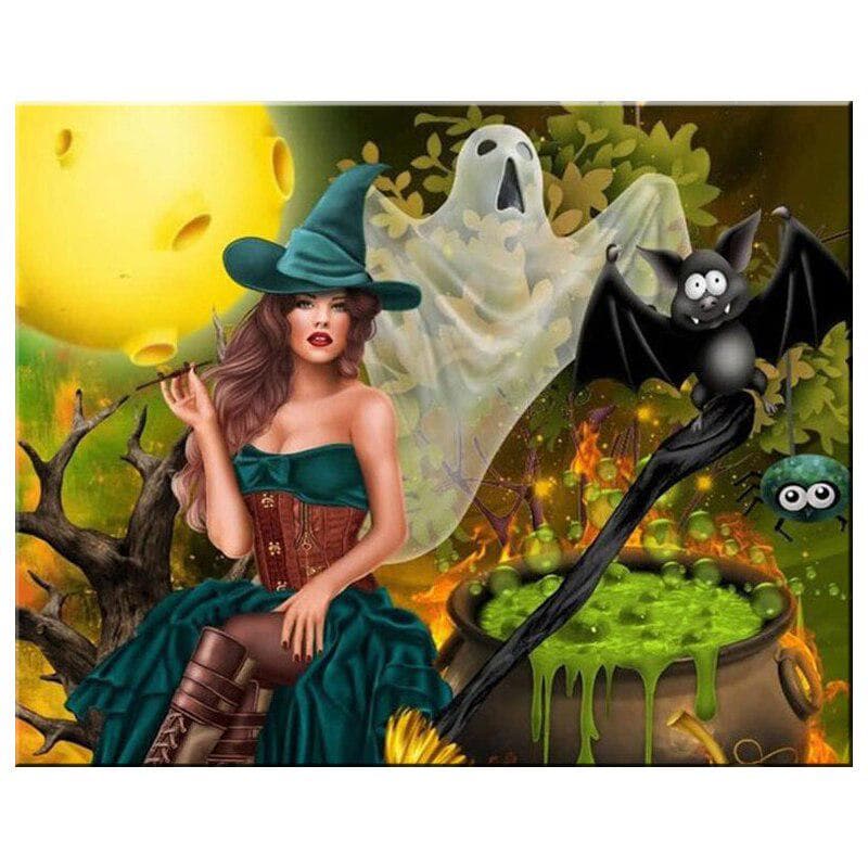 Diamond Painting Witch Cat Cross Stitch Embroidery Cartoon Woman Rhinestones Mosaic Halloween Decor 20X30CM