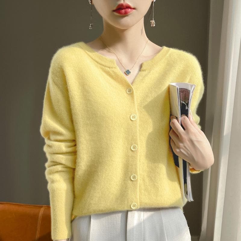 2024 V-Neck Cashmere Cardigan: Women's Versatile Long Sleeve Sweater for Spring, Autumn & Winter M warm yellow