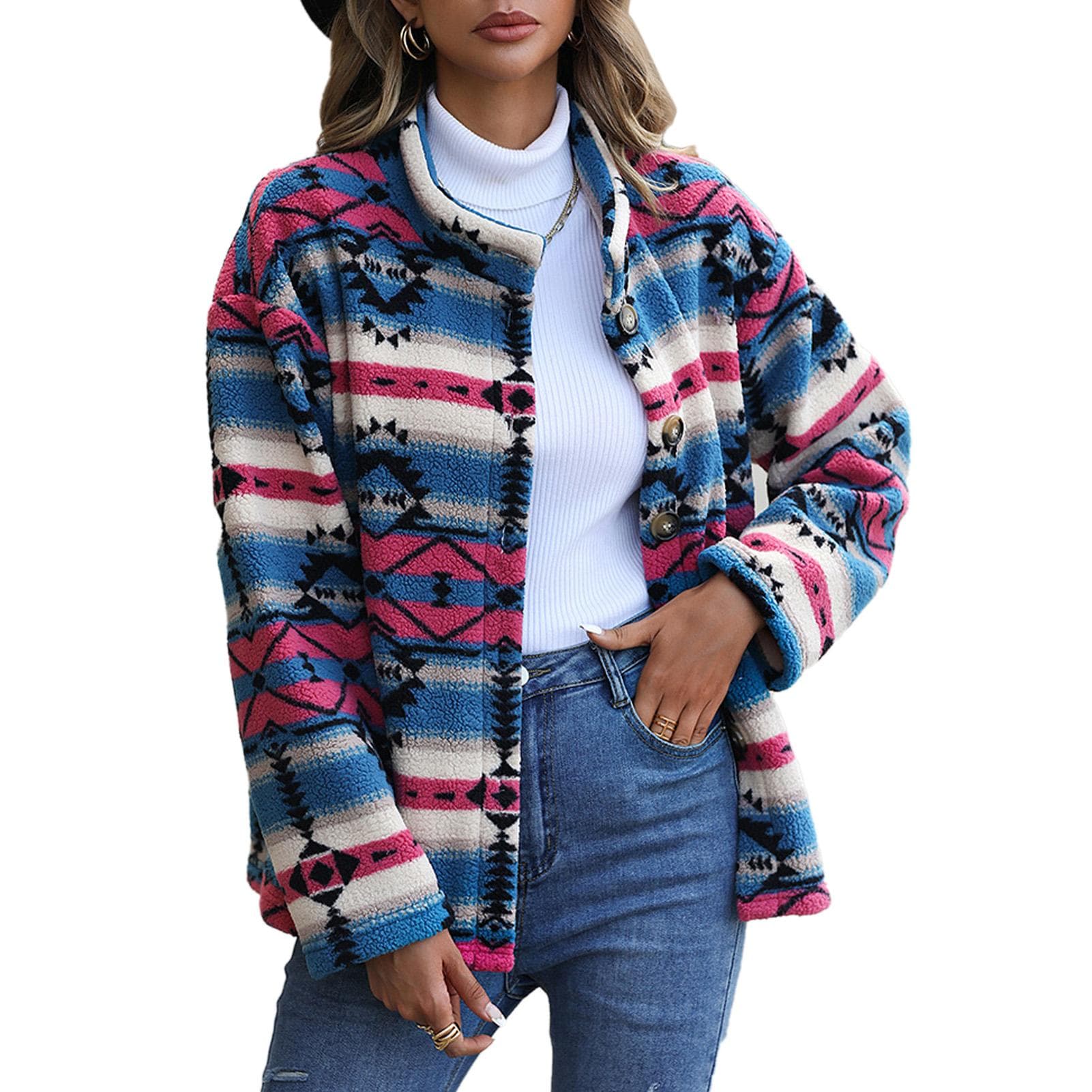 Womens Aztec Shacket Jacket Geometric Patterns Long Sleeve Button Down Fleece Short Coat for Home M blue