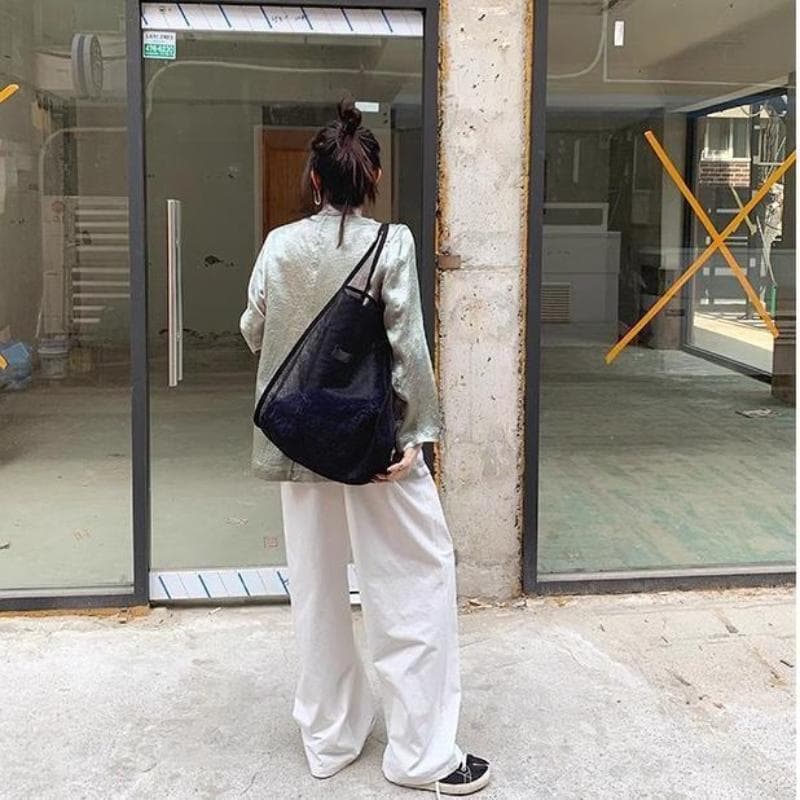 1Pc Transparent Mesh Shoulder Bag Is Fashionable Lightweight Travel Large Capacity Shopping Bag One Size black