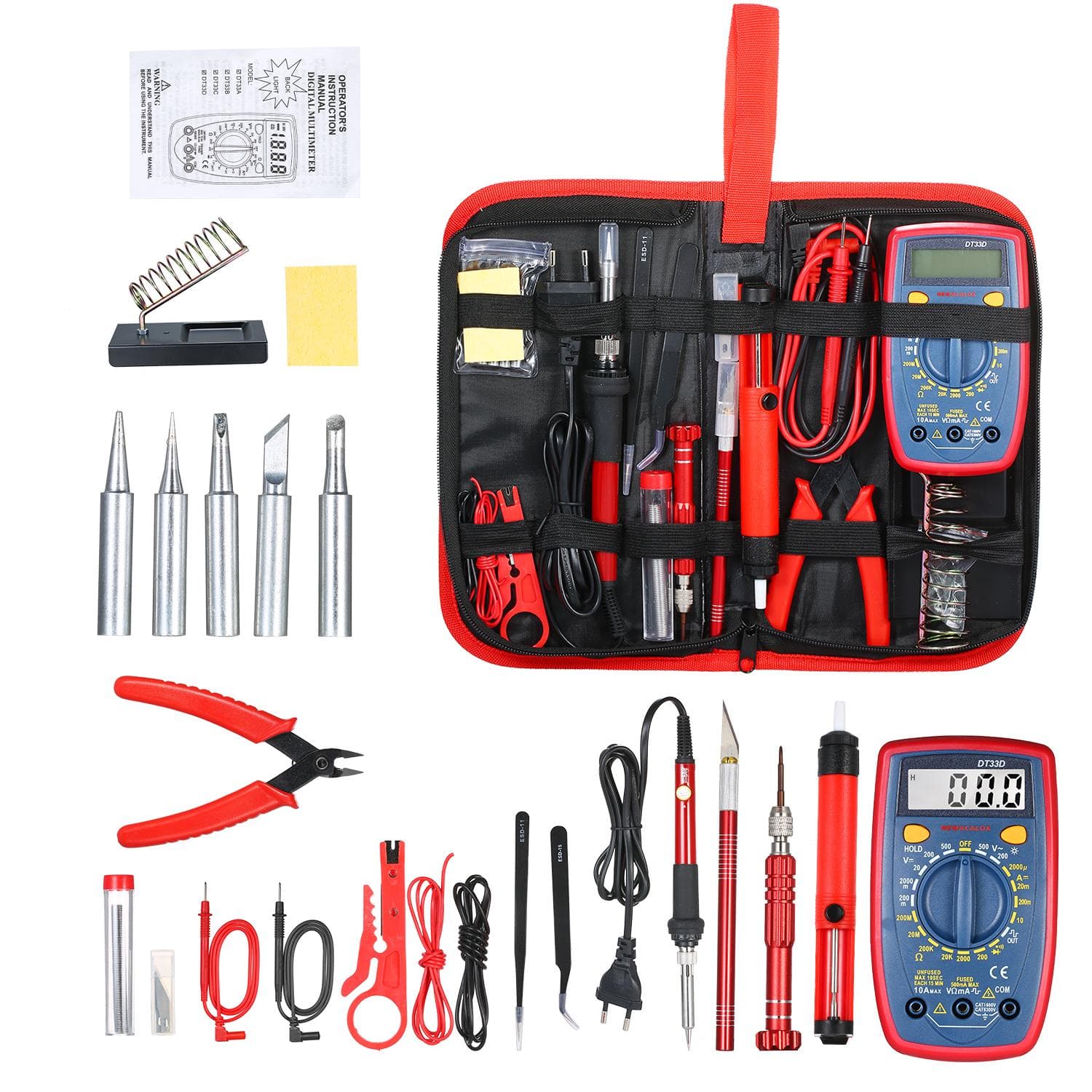 Soldering Iron Kit 220V 60W Digital Multimeter Soldering Tips Solder Wire Kit red