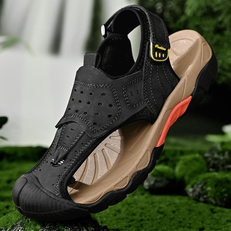 Men's Summer Sandals High Quality Genuine Leather Soft Bottom Sports Flip Flops Fashion Anti-collision Sandals Slippers 38 black