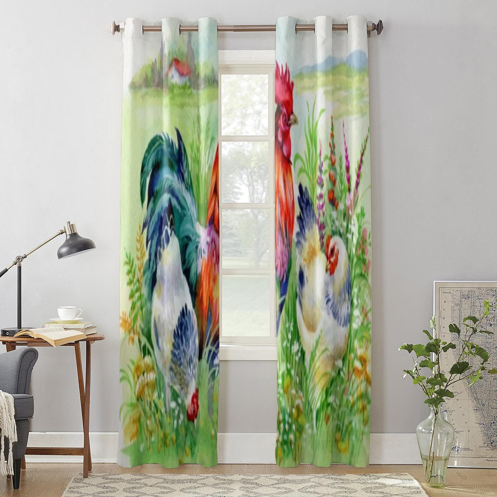 Chicken And Rooster In The Grass Window Curtains For Living Room Kitchen Modern Curtains Home Decor Blinds Drapes 135W x 60H(cm) x1