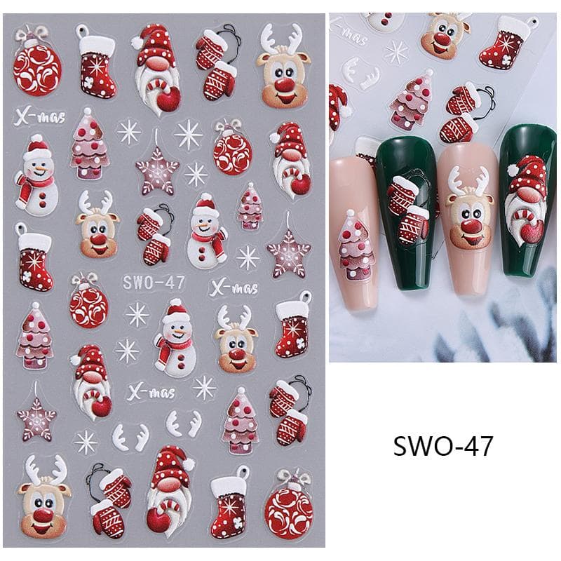 1Pcs Christmas Cartoon Nail Stickers Santa Claus Snowman Self Adhesive Sliders Nail Decals Snowflake Manicure Art Decor SWO-47