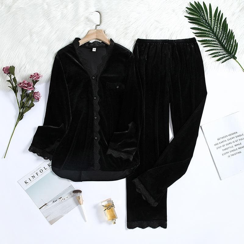 2PCS Velvet Pajamas Set for Women Winter Warm Pyjama Sexy Female Velor V-neck Lace Homewear Autumn New Long Pant Pijamas Suit L black