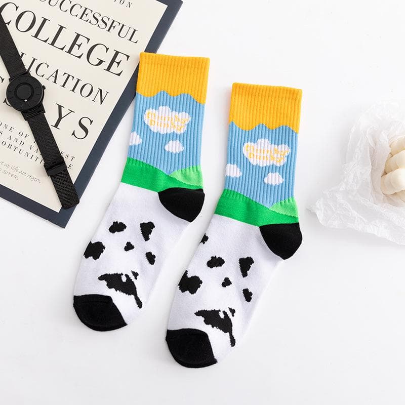 DUNK Trendy Blue Sky & White Clouds Cotton Mid-Tube Socks for Men & Women One Size