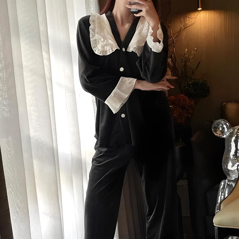 Sweet Palace Style Sleepwear Pijamas Suit Island Fleece Women Pajamas Set Loose Velvet Loungewear Doll Collar Trouser Nightwear XL black
