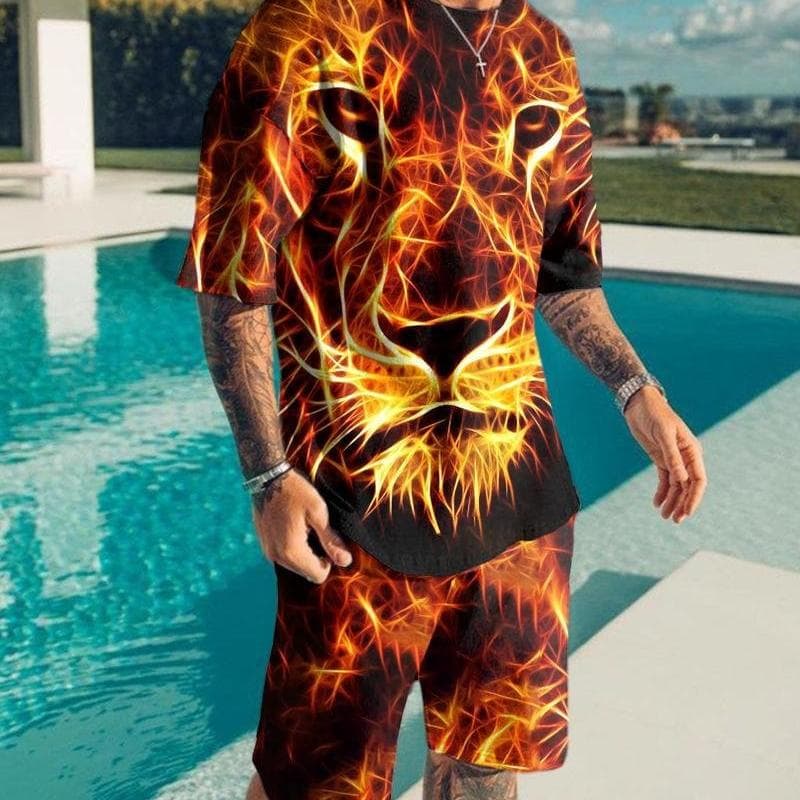 Summer Thin Men's O-Neck Short Sleeves+Shorts Flame Lion Face 3d Printed Pattern Fashion Leisure Loose T-Shirt Set Sports Suit 4XL
