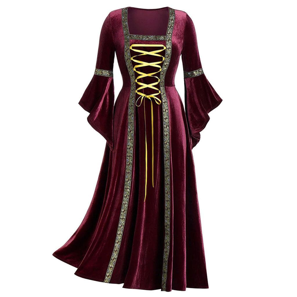 Women Autumn Winter Golden Velvet Solid Color Medium Long Pleated Dress Female Wear Casual Elegant Party Evening Dress S wine red
