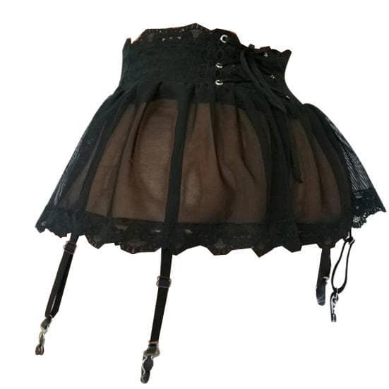Adjustable Garter Belt Skirt Four breasted Bandage Perspective Lace Garter Skirt L black