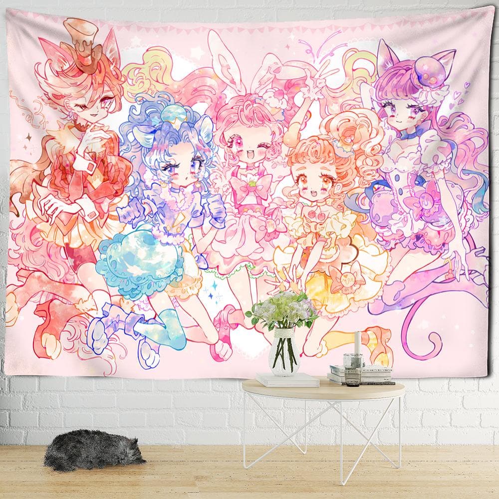 Cartoon Pink Anime Girl Tapestry Boho Kawaii Art Minimalist Wall Hanging Children's Room Dormitory Decor 95x70cm