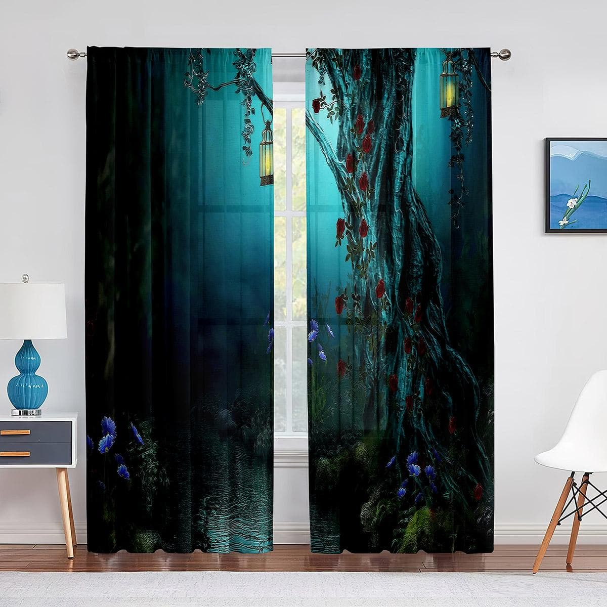 Forest Fairy Tales Lanterns and Fantasy Large Tree Tulle Curtains for Living Room Bedroom Decoration Chiffon Sheer Voile Curtain 1 PCS W150XH250cm&Rod Pocket