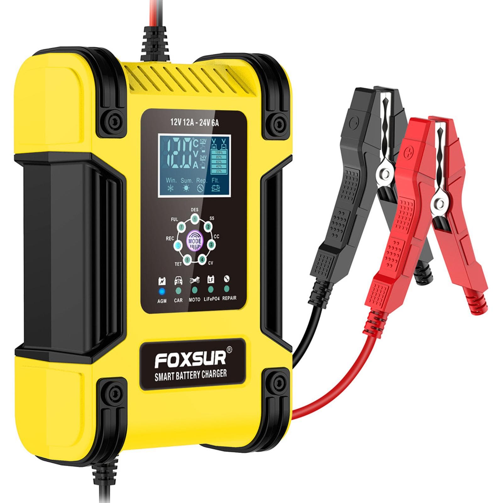 FOXSUR 7-Stage Car Battery Charger Smart Battery Charger with Function Touching Button Large EU plug yellow