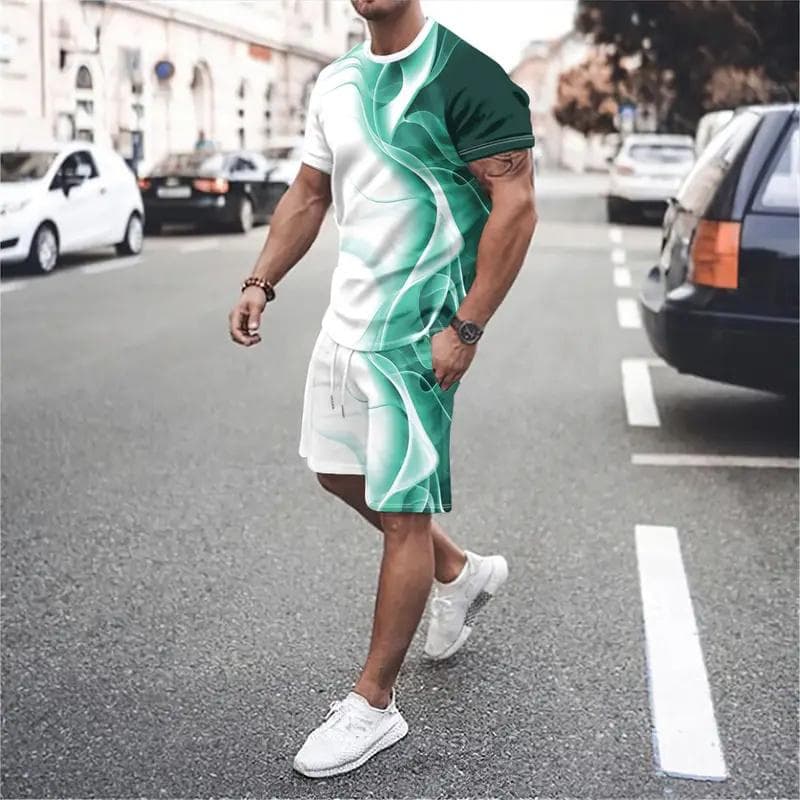New Gradient Texture T-Shirt Men's Two-Piece Summer New Shorts Suit Fashion 3D Printing Street Casual Sportswear Men's Models M