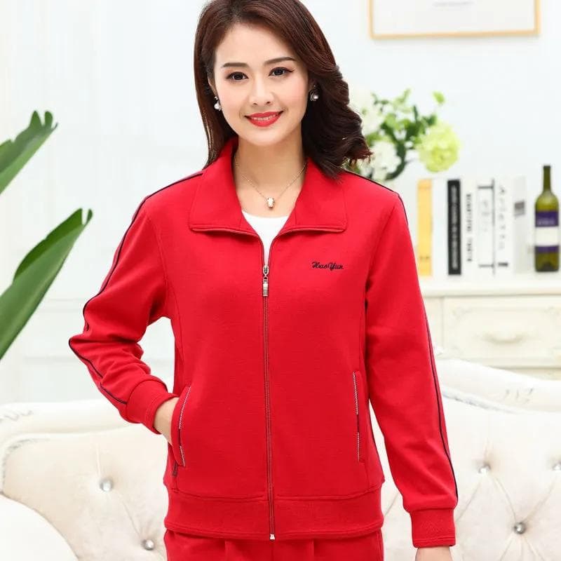 Women's Spring Autumn Solid Coat Lapel Loose Long Sleeve Morning Exercise Sports Top Jacket 5XL red