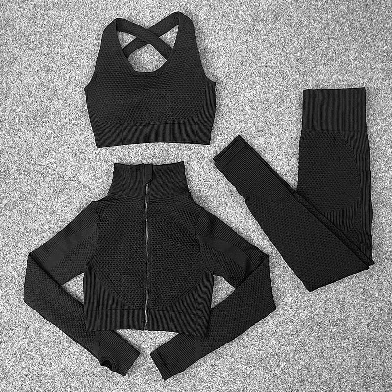 3PCS Seamless Women Yoga Set Workout Sportswear Gym Clothing Fitness Long Sleeve Crop Top High Waist Leggings Sports Suits M