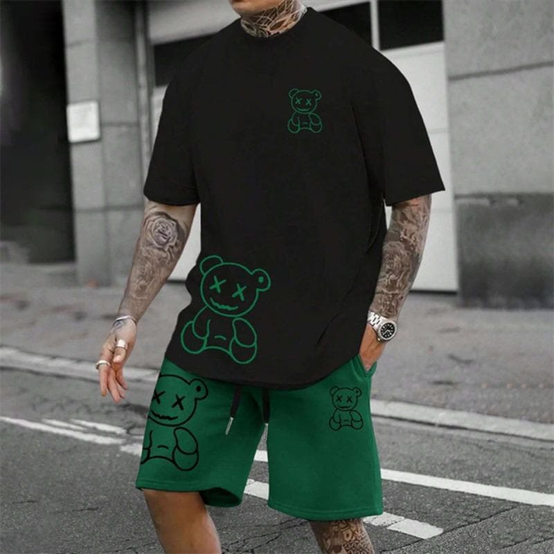 2025 Fun Bear Harajuku T-Shirt Men's Summer Loose Daily Couple Suit Outdoor Street Short Sleeve Shorts Two Piece Men Summer Suit 6XL